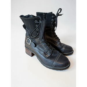 TAOS Crave Distressed Moto Combat Boots SIZE 37 US 6-6.5 Black Leather Lace Up